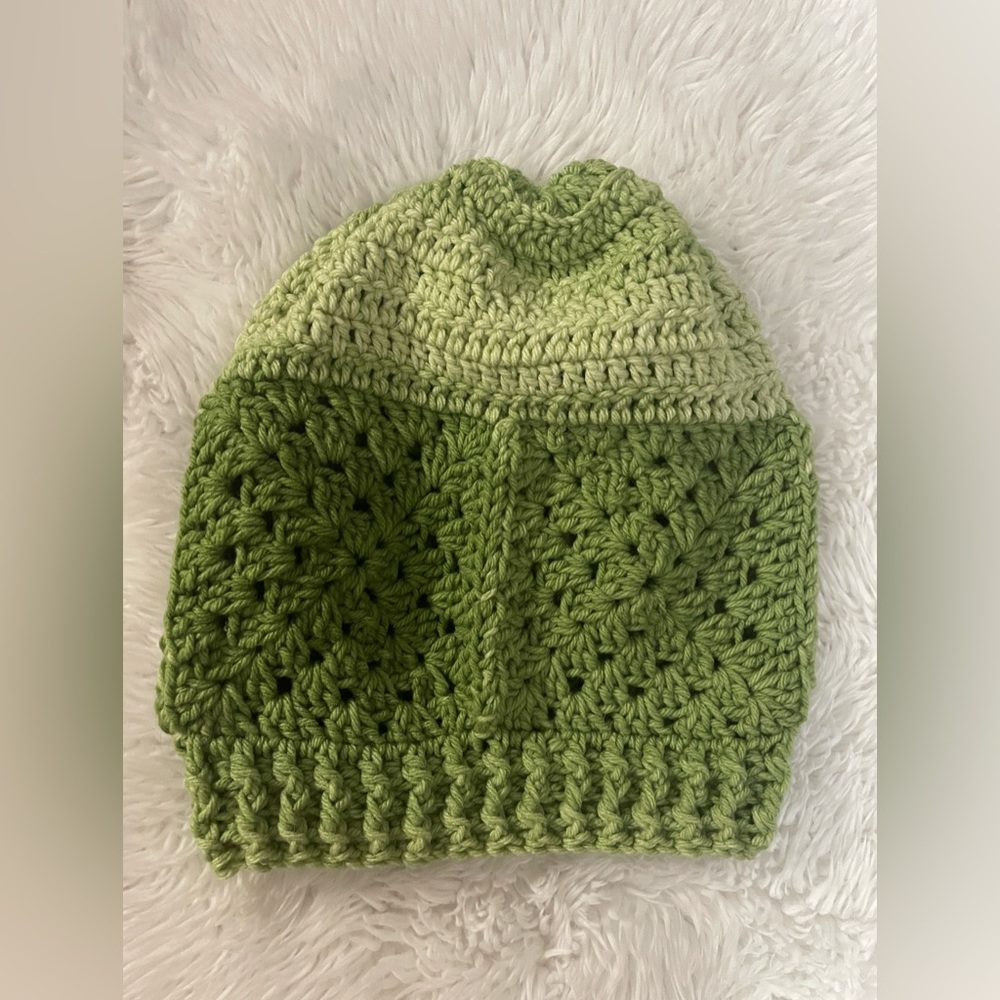 Handmade faded wash slouchy crochet granny square beanie hat